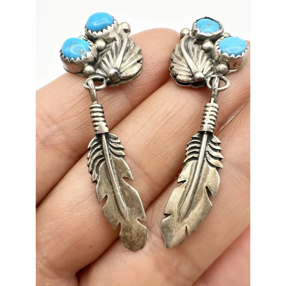 NAVAJO Signed RB TURQUOISE DANGLES STERLING SILVER EARRINGS FEATHER - For Repair